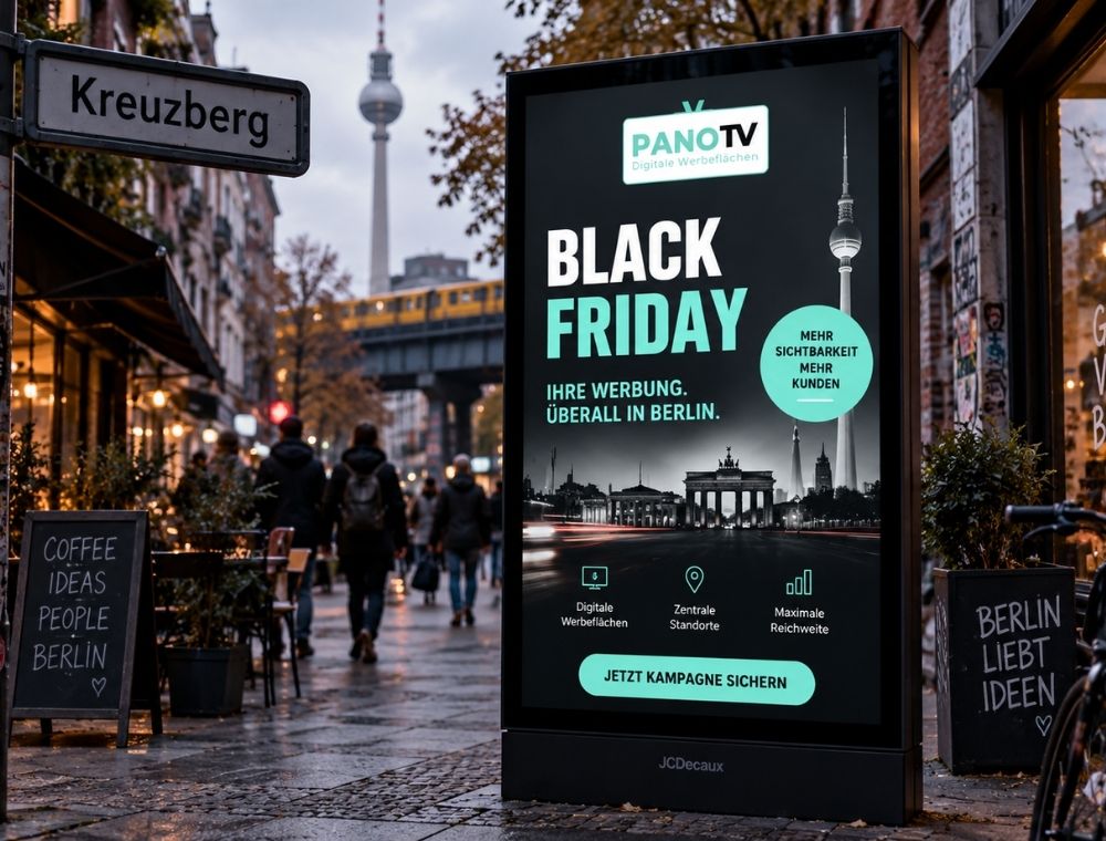 Digitaler PanoTV-Werbebildschirm mit Black-Friday-Kampagne an einer Straße in Berlin-Kreuzberg