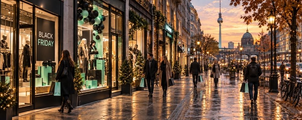 Einkaufsstraße in Berlin am Black Friday mit beleuchteten Schaufenstern und Kunden mit Einkaufstüten