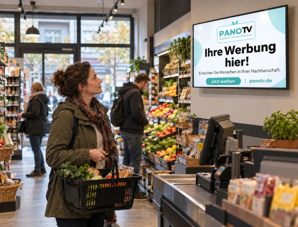 Kundin sieht digitale Bildschirmwerbung im Supermarkt