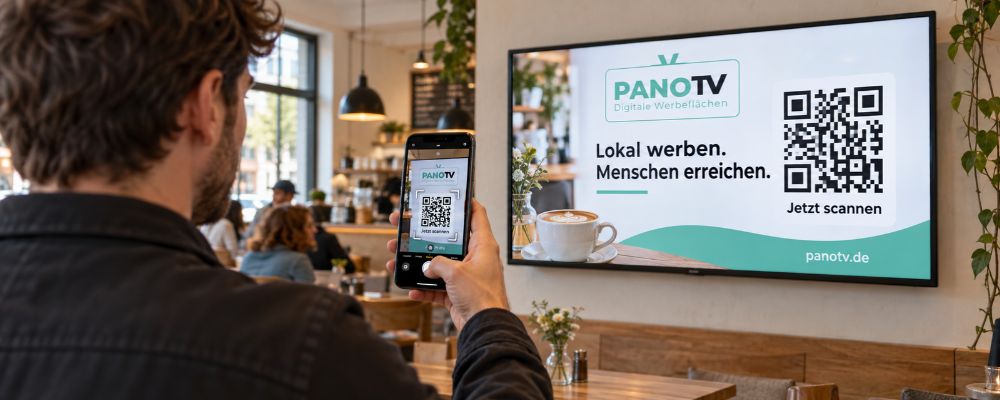 Mann scannt QR-Code einer Bildschirmwerbung im Café